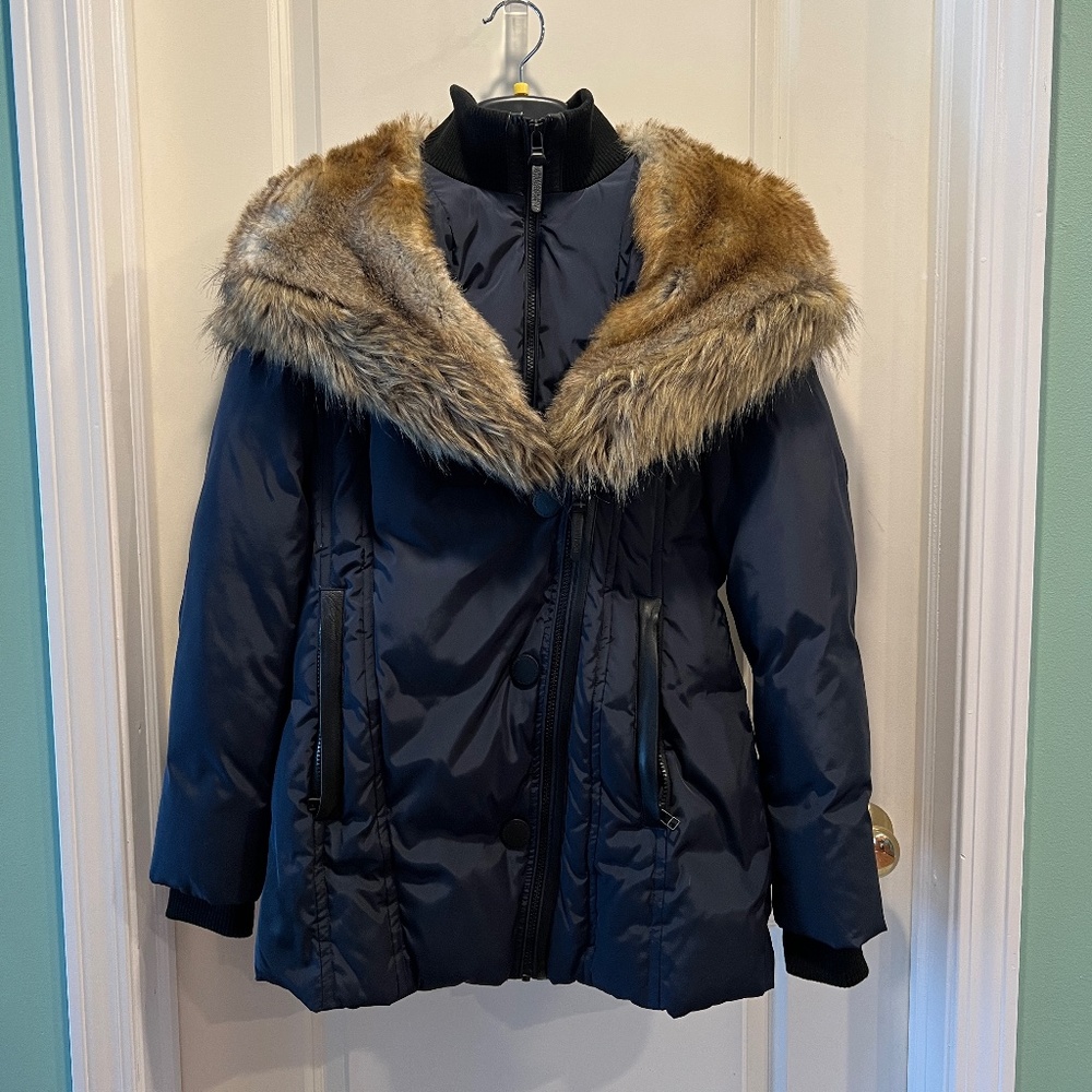 Atelier Noir Women Navy Down Jacket with Faux Fur size small
